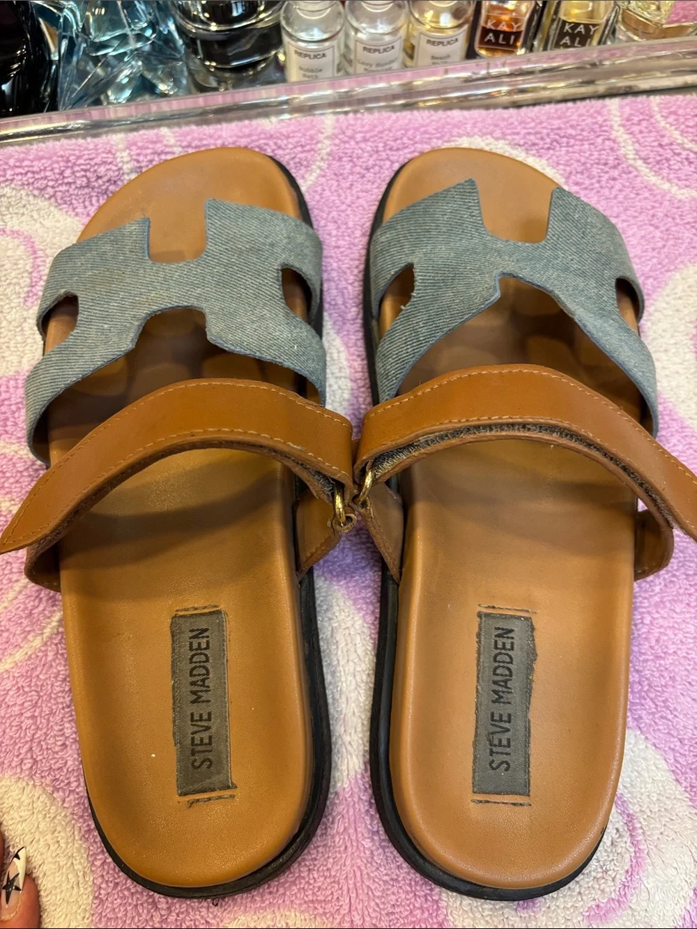 Steve Madden “Mayven” Light Blue Denim and Tan Leather Slide Sandals
